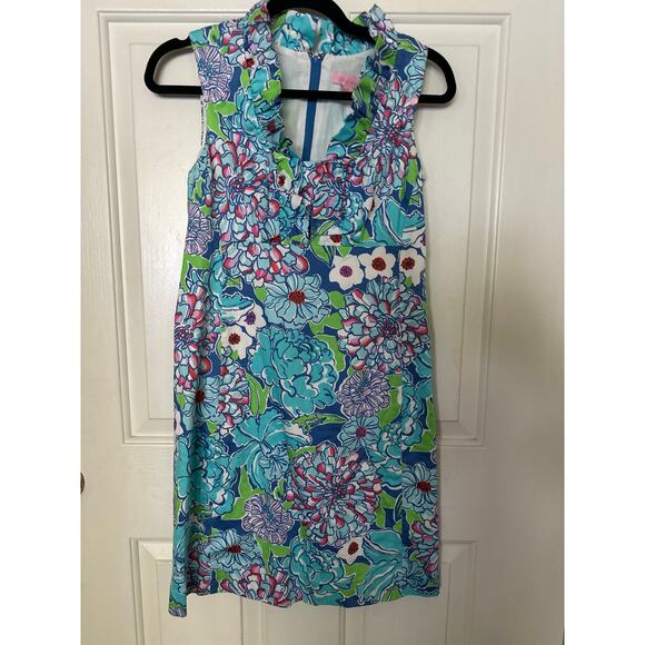Lilly Pulitzer Adeline Shift Dress Size 0 Worth Blue May Flower Ruffle Trim - Picture 3 of 6